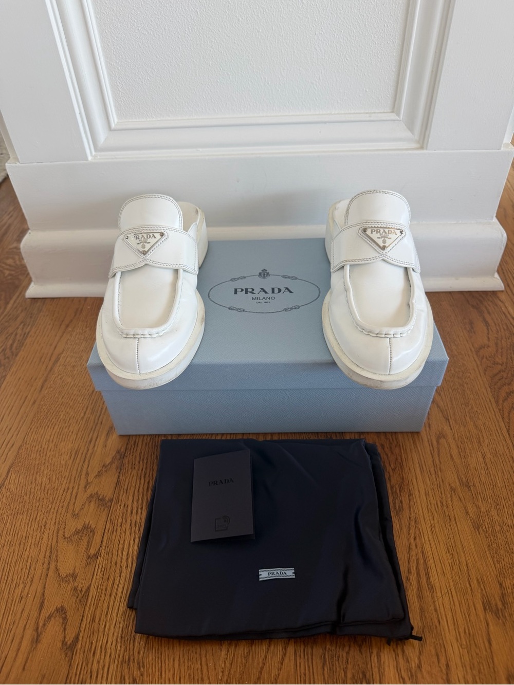 Prada White Triangle Logo Slip-On Loafers, size 38 - Picture 3 of 11